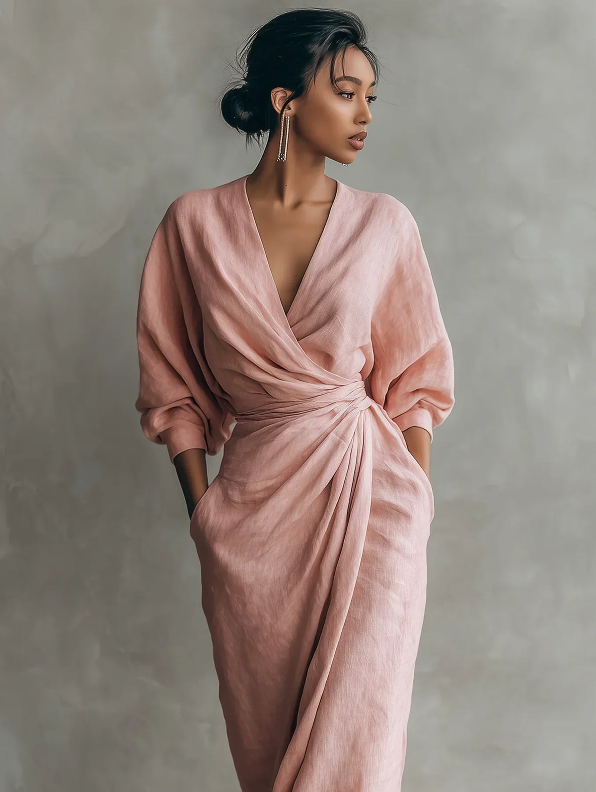 Vestido Lorena en rosa, detalle del escote cruzado