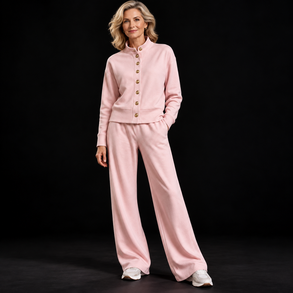 Conjunto Clara rosa, vista de cuerpo entero con pantalón de pierna ancha
