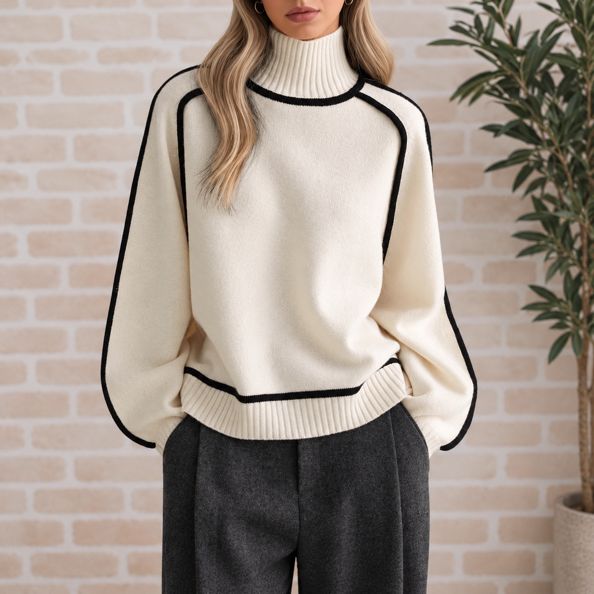 Jersey Valeria en beige con ribete negro en contraste