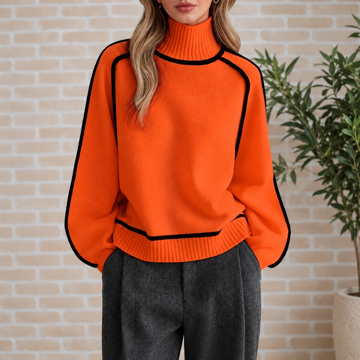 Jersey Valeria en naranja con ribete negro en contraste