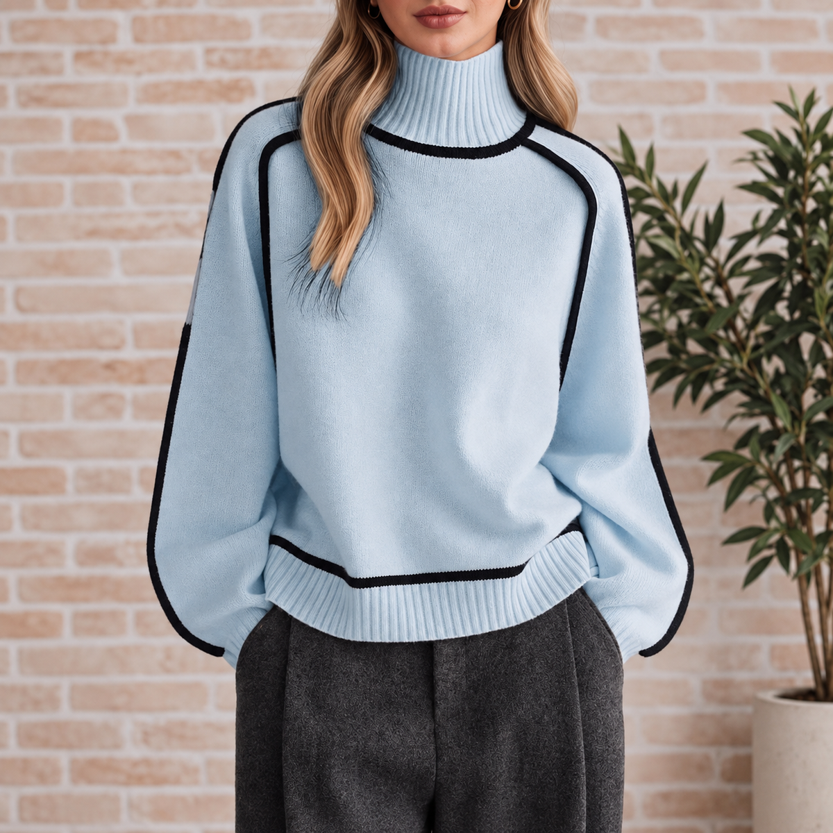Jersey Valeria en azul claro con ribete negro en contraste