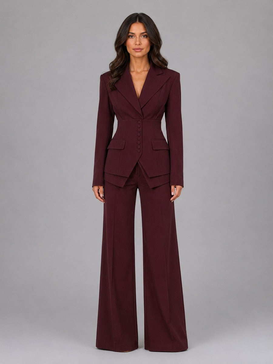 Traje Inés burdeos, blazer entallado y pantalón palazzo