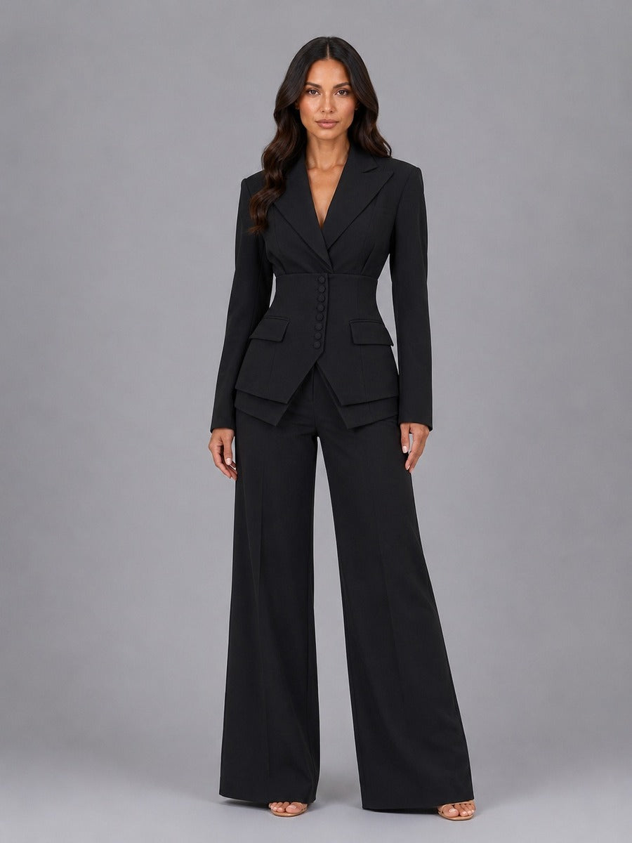 Traje Inés negro, blazer entallado y pantalón palazzo