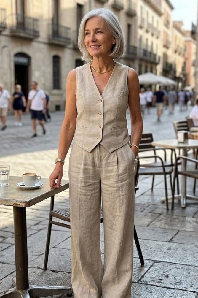 Mujer con chaleco y pantalón de lino beige